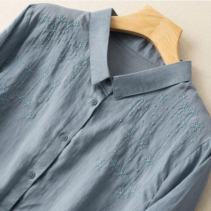 Camicia in cotone e lino con colletto rialzato e maniche corte, casual, da donna, con ricamo Buddha Stones