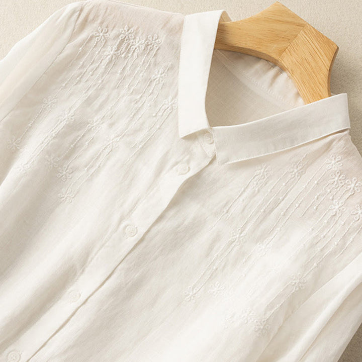 Camicia in cotone e lino con colletto rialzato e maniche corte, casual, da donna, con ricamo Buddha Stones