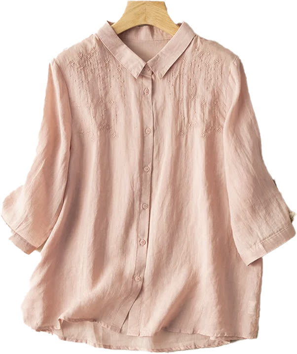 Camicia in cotone e lino con colletto rialzato e maniche corte, casual, da donna, con ricamo Buddha Stones