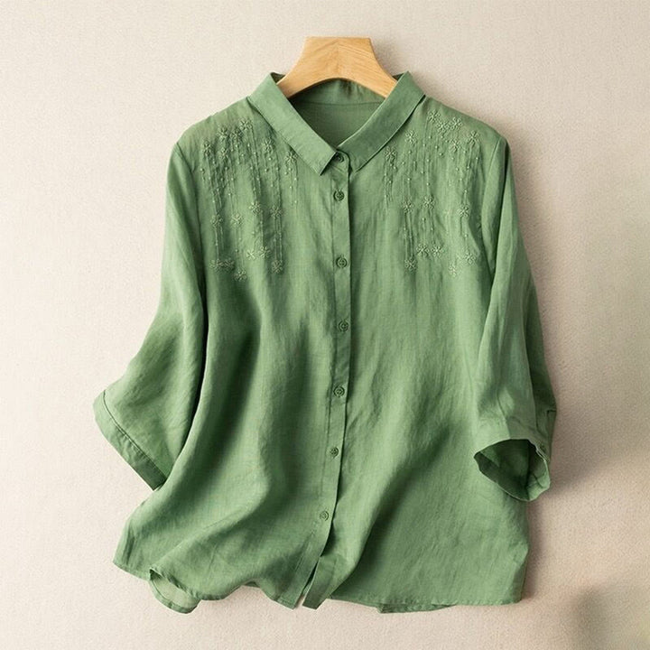 Camicia in cotone e lino con colletto rialzato e maniche corte, casual, da donna, con ricamo Buddha Stones