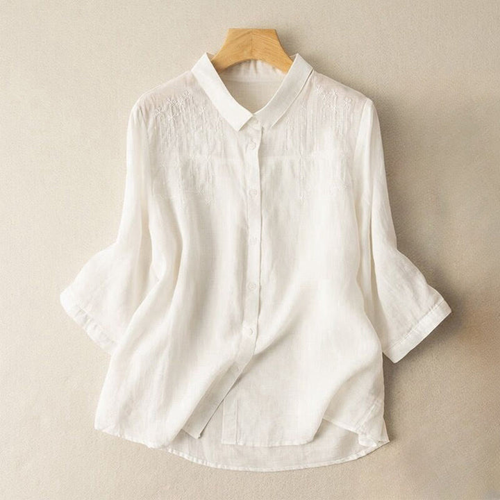 Camicia in cotone e lino con colletto rialzato e maniche corte, casual, da donna, con ricamo Buddha Stones