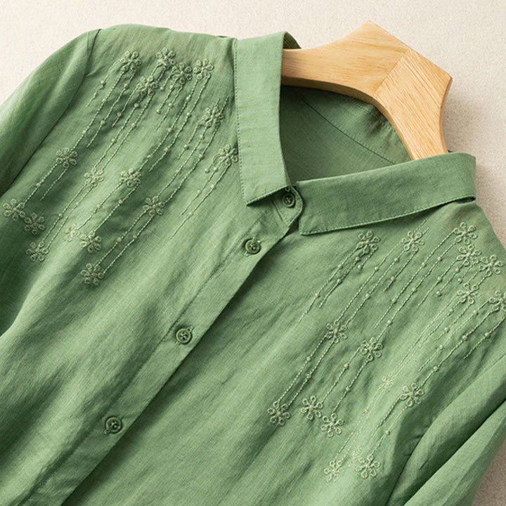Camicia in cotone e lino con colletto rialzato e maniche corte, casual, da donna, con ricamo Buddha Stones