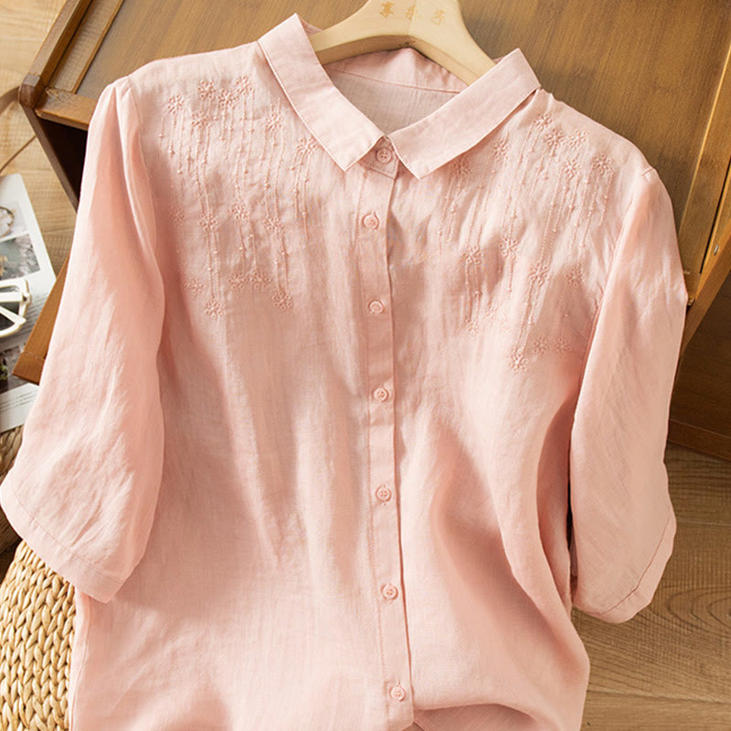 Camicia in cotone e lino con colletto rialzato e maniche corte, casual, da donna, con ricamo Buddha Stones