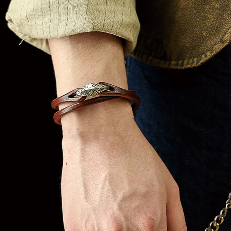 Braccialetto di protezione multigiro in pelle con Buddha Stones in argento sterling 925