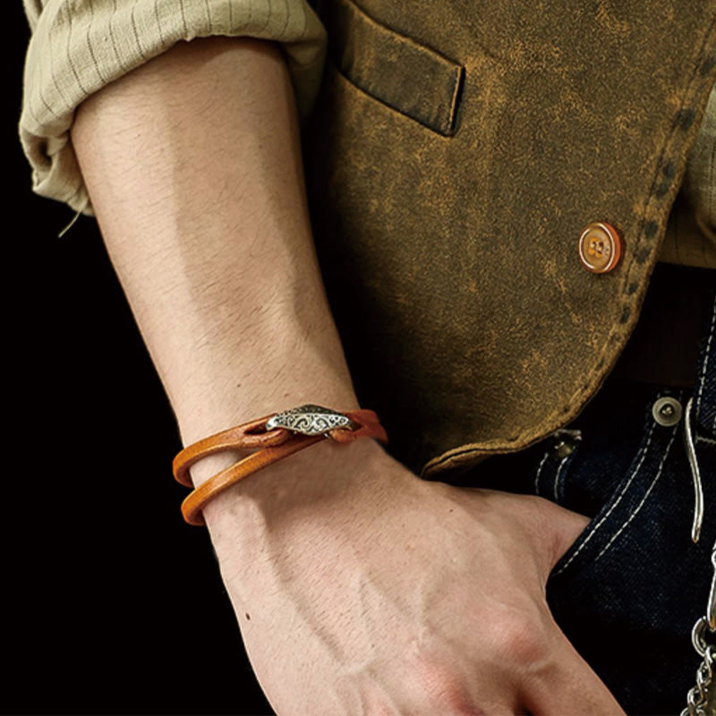 Braccialetto di protezione multigiro in pelle con Buddha Stones in argento sterling 925