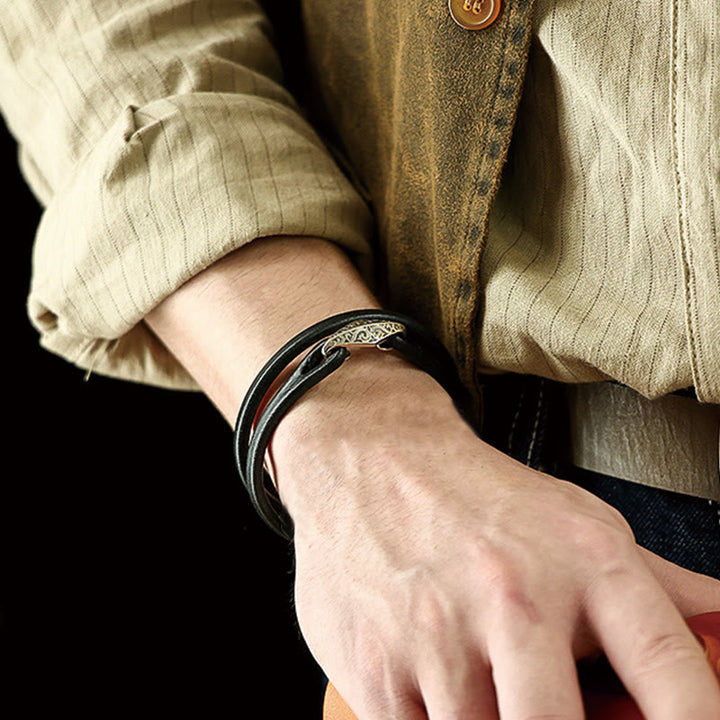 Braccialetto di protezione multigiro in pelle con Buddha Stones in argento sterling 925