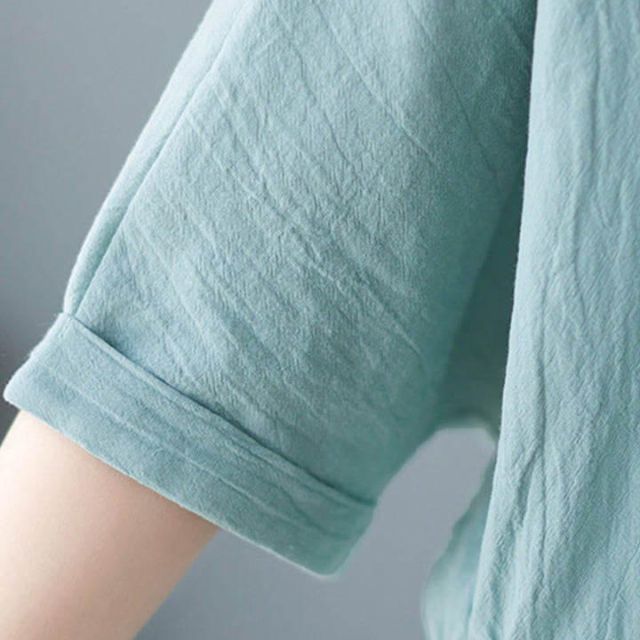 Camicia in cotone e lino a mezza manica con maniche a pipistrello, motivo Buddha Stones, da donna - image 9