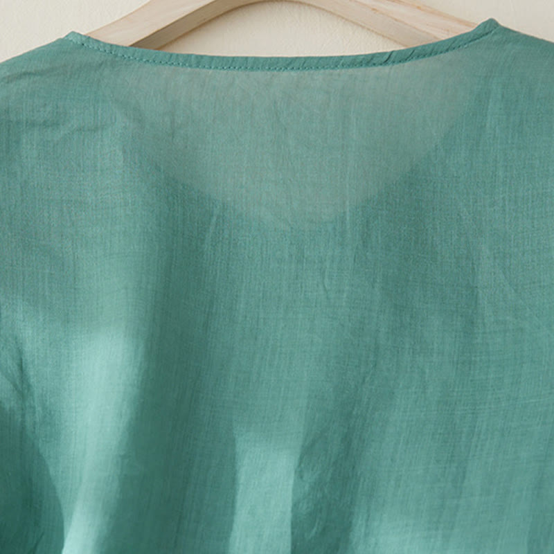 Camicia casual da donna in cotone e lino con maniche a tre quarti e ricamo di piante, motivo Buddha Stones - image 24