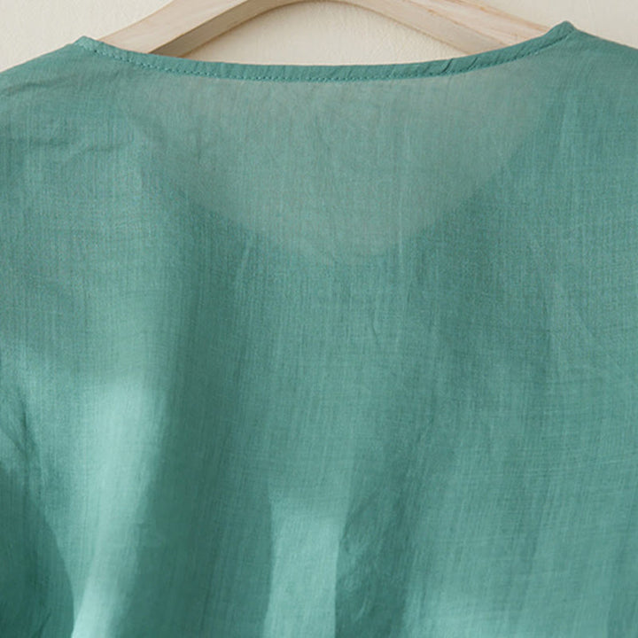 Camicia casual da donna in cotone e lino con maniche a tre quarti e ricamo di piante, motivo Buddha Stones - image 24