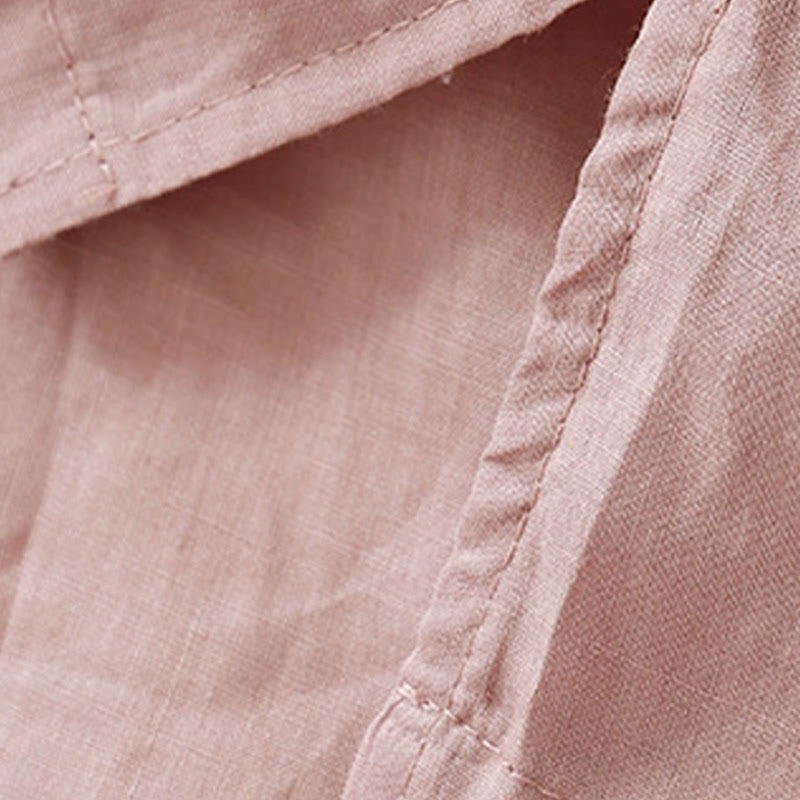 Camicia casual da donna in cotone e lino con scollo a V e fiori ricamati, manica corta, modello Buddha Stones