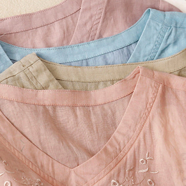 Camicia casual da donna in cotone e lino con scollo a V e fiori ricamati, manica corta, modello Buddha Stones