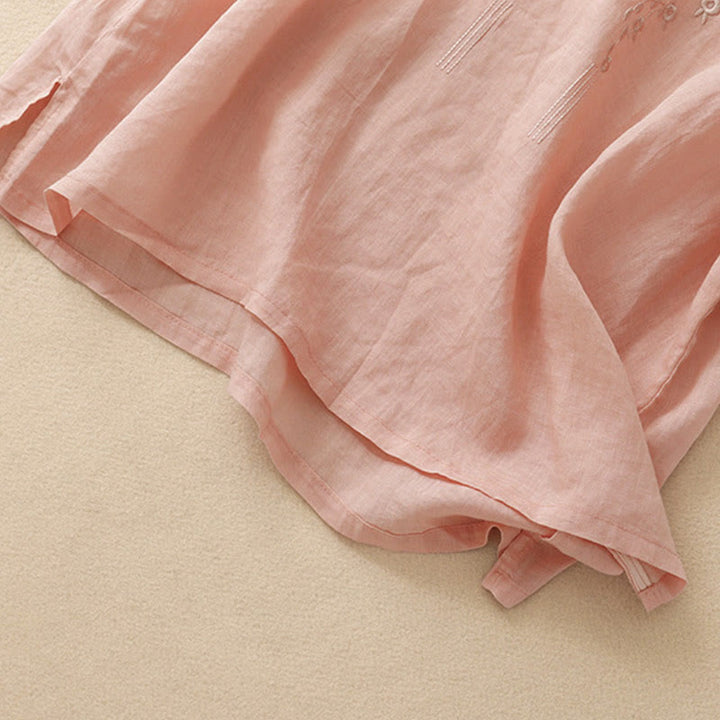 Camicia casual da donna in cotone e lino con scollo a V e fiori ricamati, manica corta, modello Buddha Stones