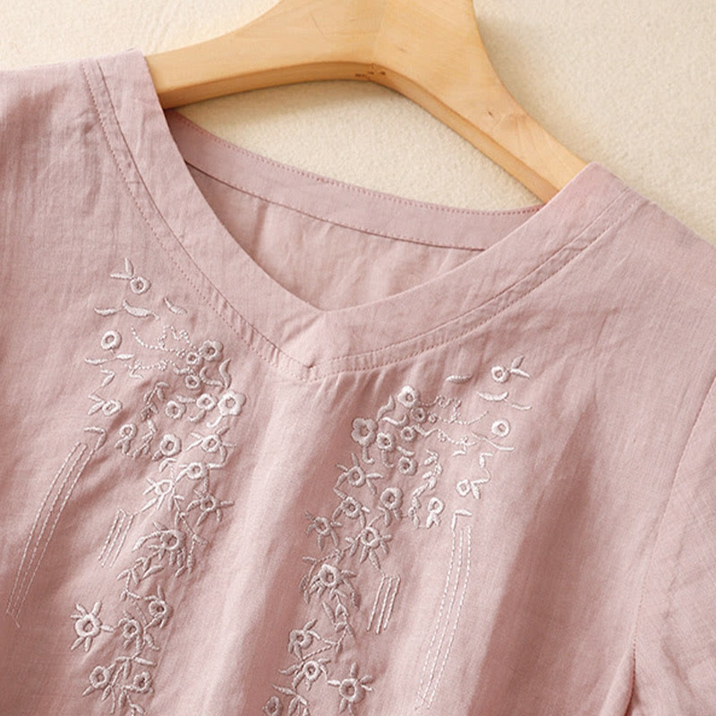 Camicia casual da donna in cotone e lino con scollo a V e fiori ricamati, manica corta, modello Buddha Stones