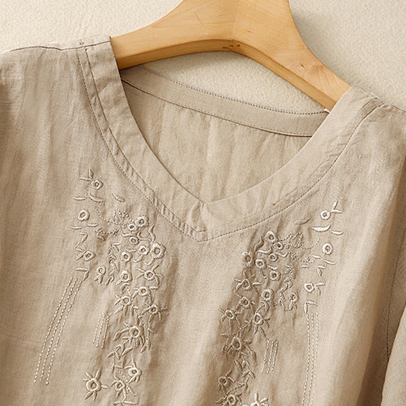Camicia casual da donna in cotone e lino con scollo a V e fiori ricamati, manica corta, modello Buddha Stones