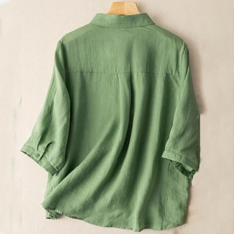 Camicia in cotone e lino con colletto rialzato e maniche corte, casual, da donna, con ricamo Buddha Stones