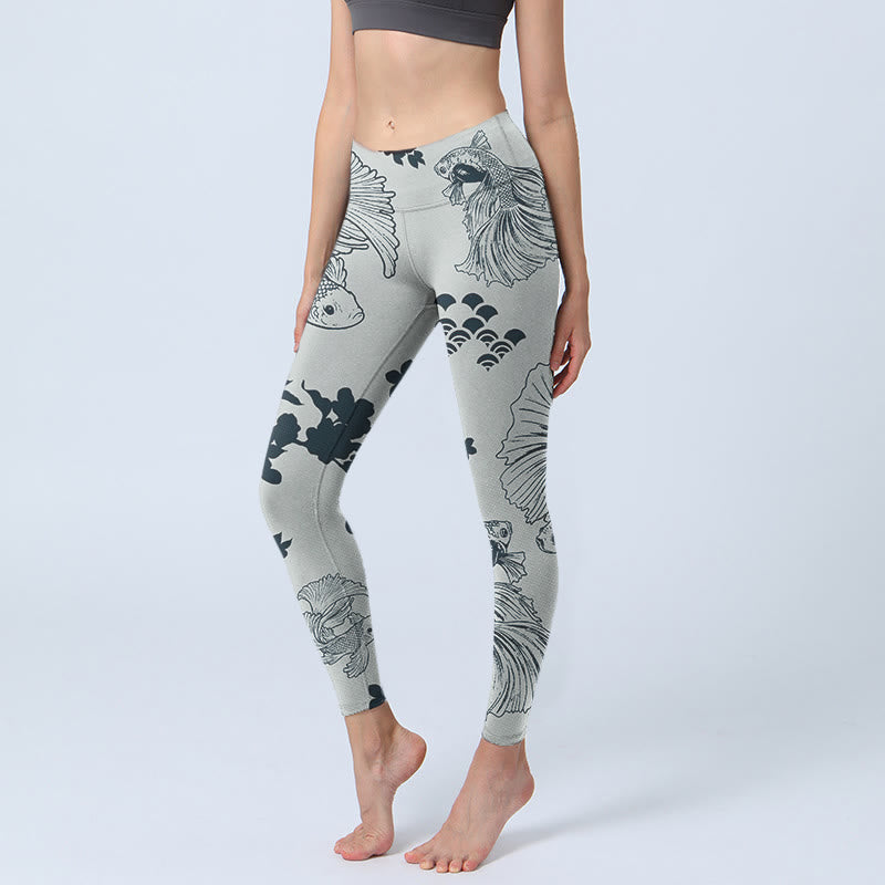 Leggings da palestra con stampa floreale e onde di pesce koi grigio Buddha Stones, pantaloni da yoga da donna - Argento - US18, UK/AU22, EU50 (4XL) - image 1