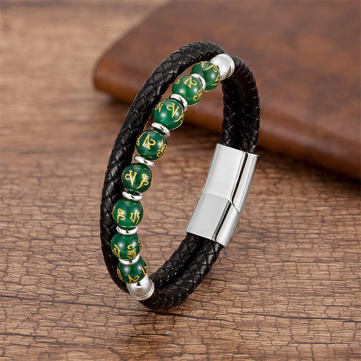 Bracciale in pelle con Buddha Stones, onice nero, turchese, occhio di tigre, agata rossa, Om Mani Padme Hum Strength
