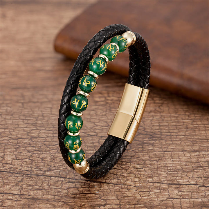 Bracciale in pelle con Buddha Stones, onice nero, turchese, occhio di tigre, agata rossa, Om Mani Padme Hum Strength