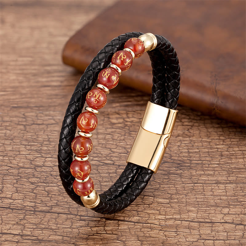 Bracciale in pelle con Buddha Stones, onice nero, turchese, occhio di tigre, agata rossa, Om Mani Padme Hum Strength