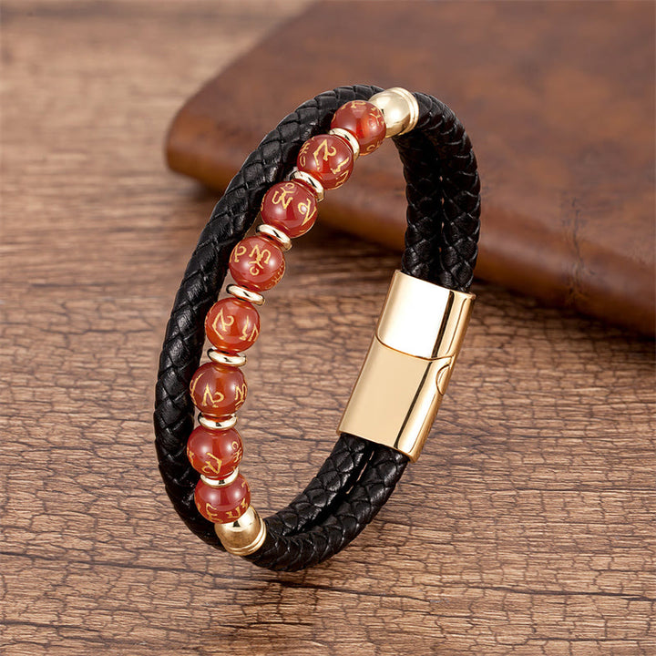 Bracciale in pelle con Buddha Stones, onice nero, turchese, occhio di tigre, agata rossa, Om Mani Padme Hum Strength