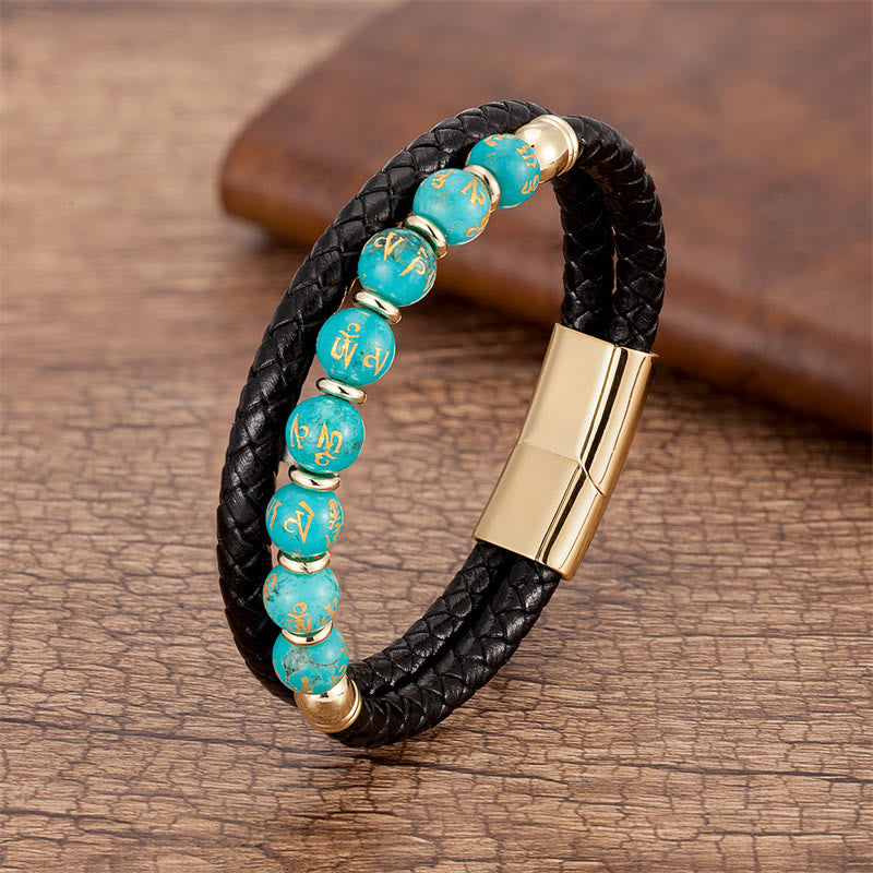 Bracciale in pelle con Buddha Stones, onice nero, turchese, occhio di tigre, agata rossa, Om Mani Padme Hum Strength