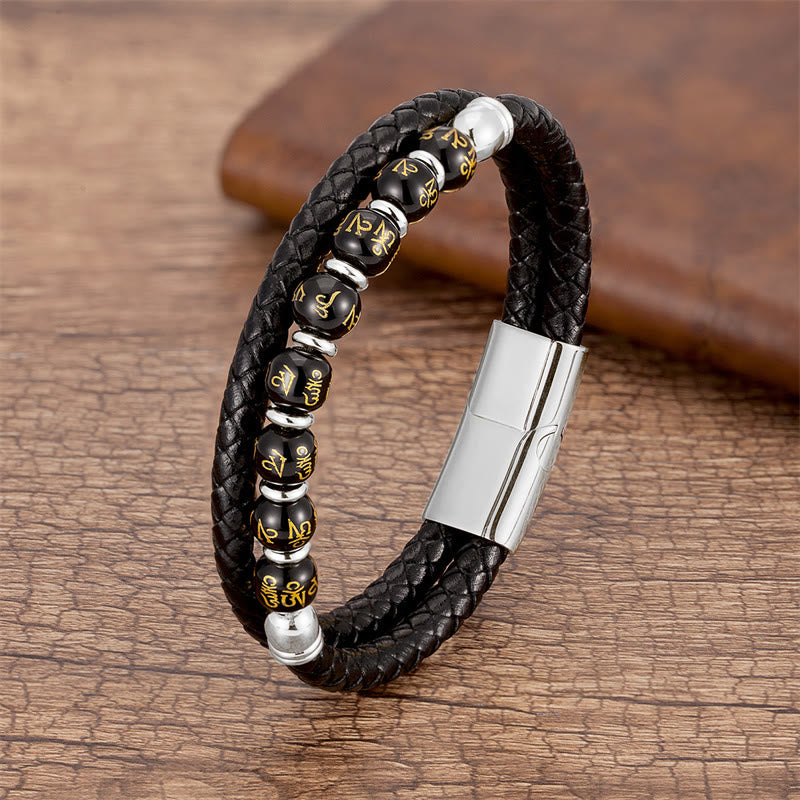 Bracciale in pelle con Buddha Stones, onice nero, turchese, occhio di tigre, agata rossa, Om Mani Padme Hum Strength