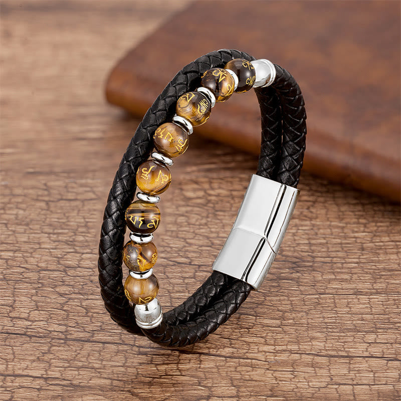 Bracciale in pelle con Buddha Stones, onice nero, turchese, occhio di tigre, agata rossa, Om Mani Padme Hum Strength