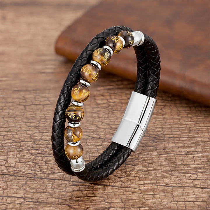 Bracciale in pelle con Buddha Stones, onice nero, turchese, occhio di tigre, agata rossa, Om Mani Padme Hum Strength