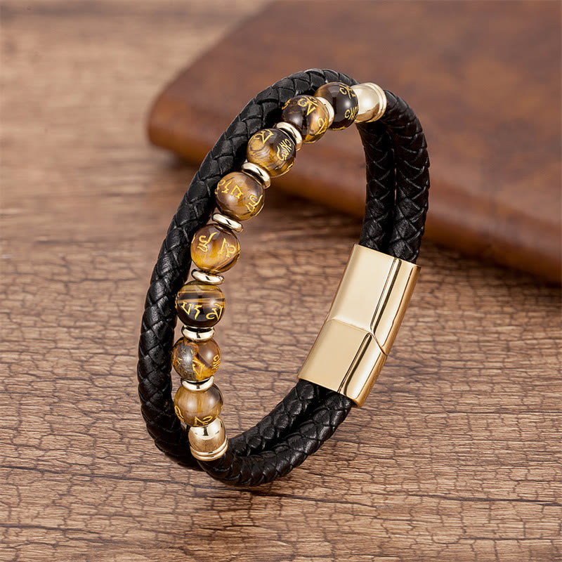 Bracciale in pelle con Buddha Stones, onice nero, turchese, occhio di tigre, agata rossa, Om Mani Padme Hum Strength
