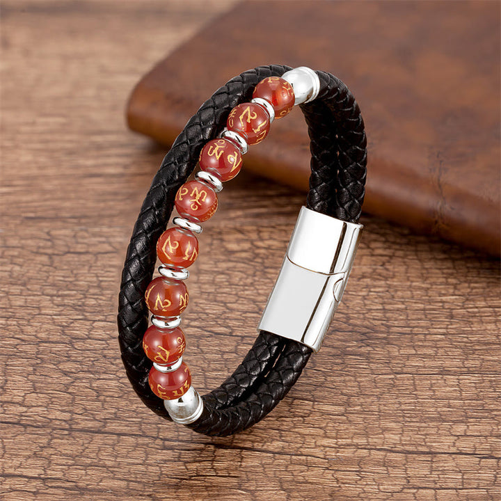 Bracciale in pelle con Buddha Stones, onice nero, turchese, occhio di tigre, agata rossa, Om Mani Padme Hum Strength