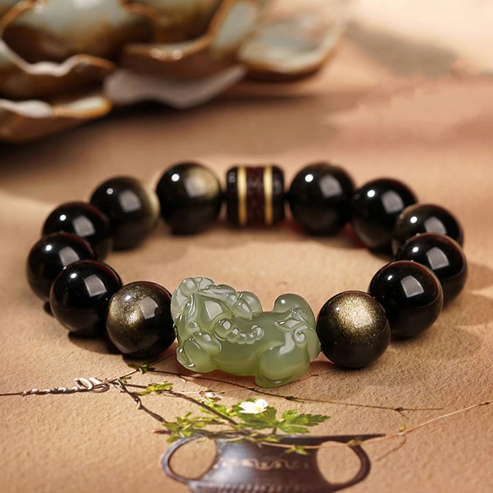 Buddha Stones Oro Naturale Lucentezza Ossidiana Giada Ciano Hetian Giada Bianca Bracciale PiXiu Ricchezza