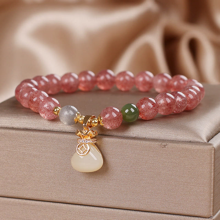 Braccialetto positivo con ciondolo a forma di sacco di soldi in quarzo fragola naturale Buddha Stones