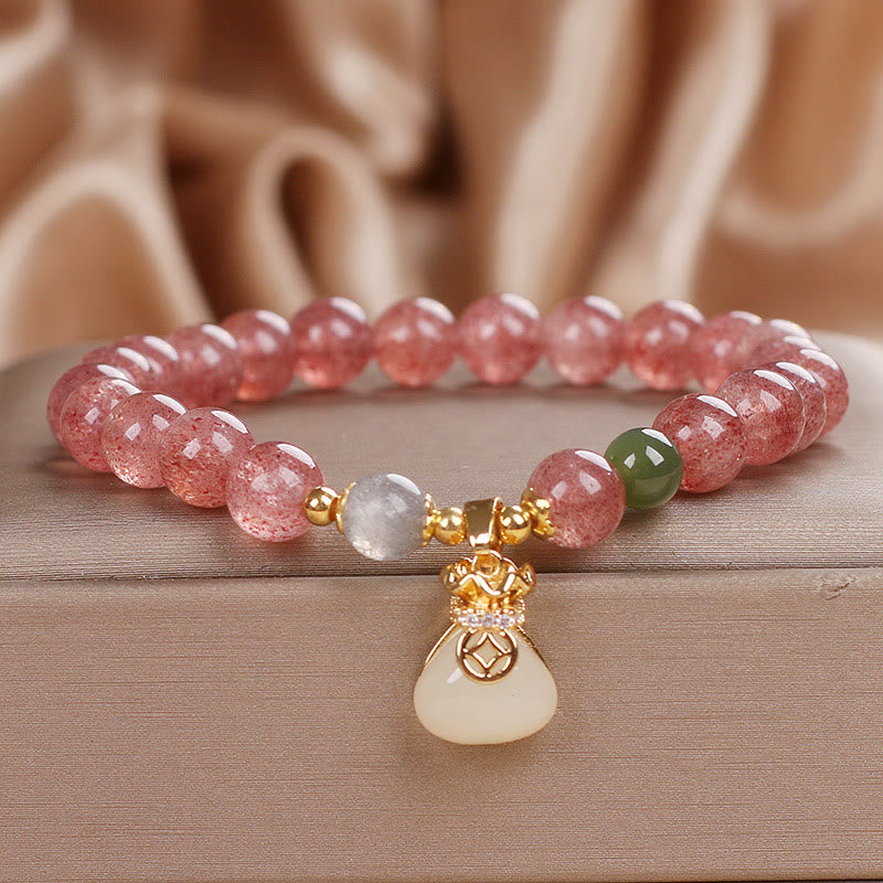 Braccialetto positivo con ciondolo a forma di sacco di soldi in quarzo fragola naturale Buddha Stones