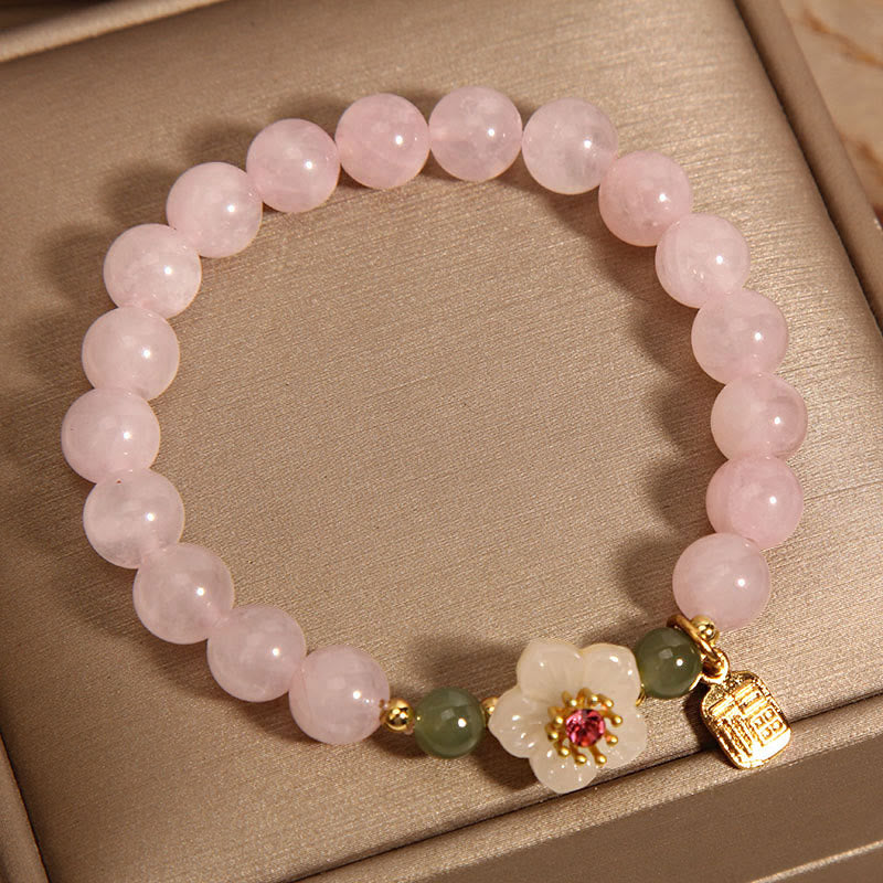 Buddha Stones Quarzo rosa Fiore di pesco Giada Hetian Fu Carattere Relazioni Braccialetto curativo