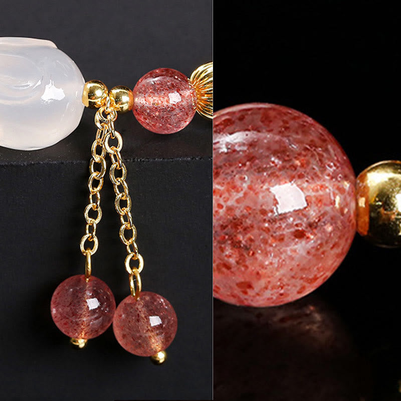 Braccialetto di guarigione naturale in quarzo fragola e agata con coniglio Buddha Stones