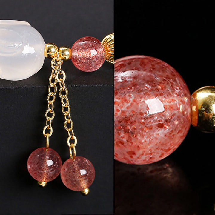 Braccialetto di guarigione naturale in quarzo fragola e agata con coniglio Buddha Stones