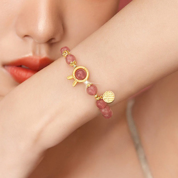 Buddha Stones Natural Strawberry Quartz Coniglio Carattere Fu Charm Bracciale Amore