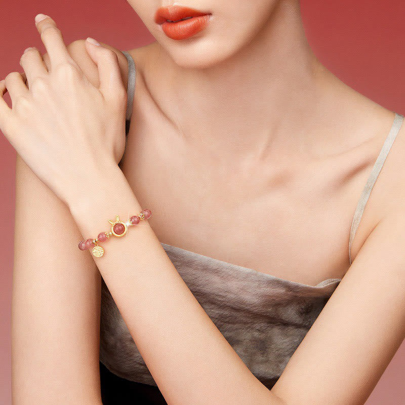 Buddha Stones Natural Strawberry Quartz Coniglio Carattere Fu Charm Bracciale Amore