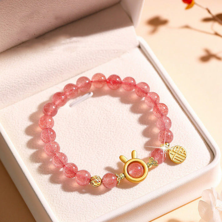 Buddha Stones Natural Strawberry Quartz Coniglio Carattere Fu Charm Bracciale Amore