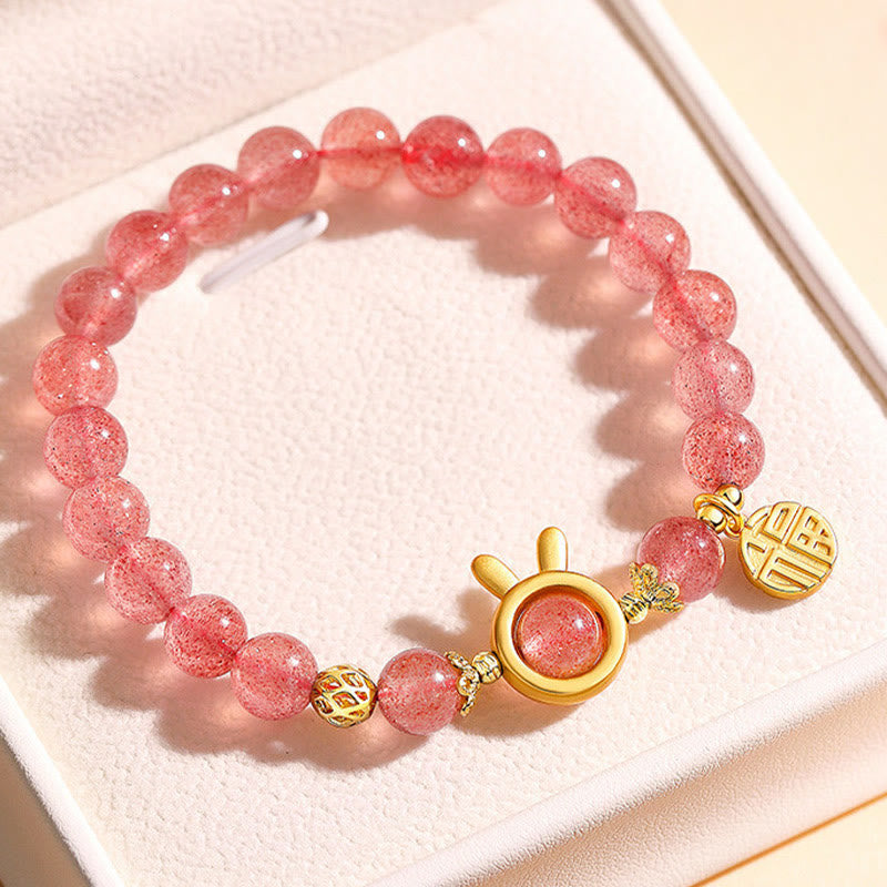 Buddha Stones Natural Strawberry Quartz Coniglio Carattere Fu Charm Bracciale Amore