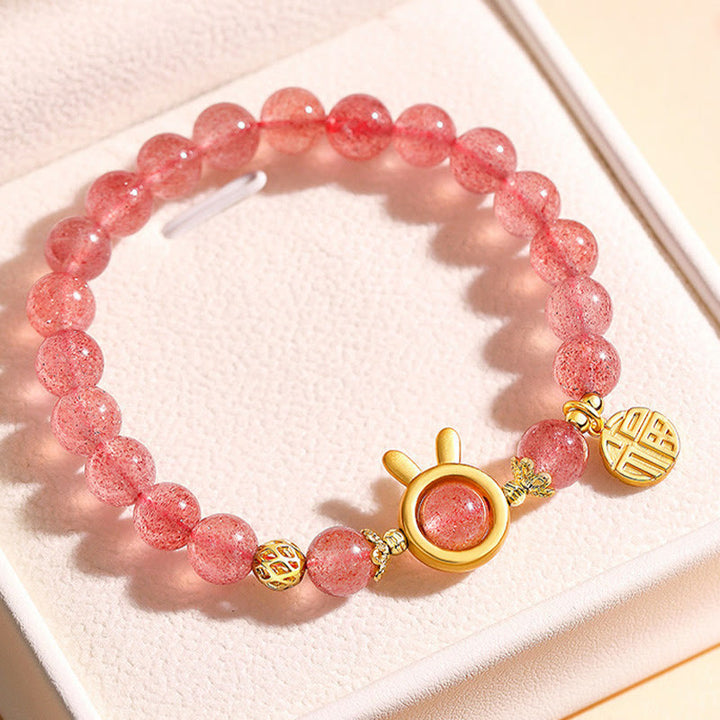 Buddha Stones Natural Strawberry Quartz Coniglio Carattere Fu Charm Bracciale Amore