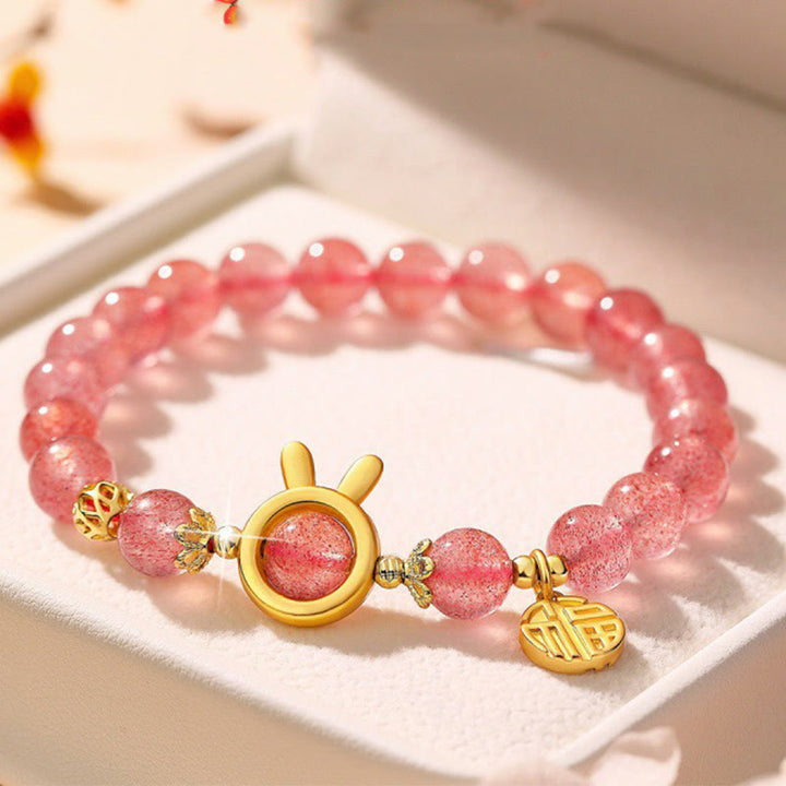 Buddha Stones Natural Strawberry Quartz Coniglio Carattere Fu Charm Bracciale Amore