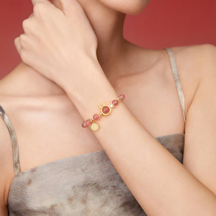 Buddha Stones Natural Strawberry Quartz Coniglio Carattere Fu Charm Bracciale Amore