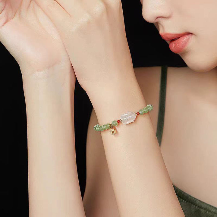 Braccialetto portafortuna con moneta di rame e coniglio in giada naturale di Hetian, agata e pietre Buddha Stones