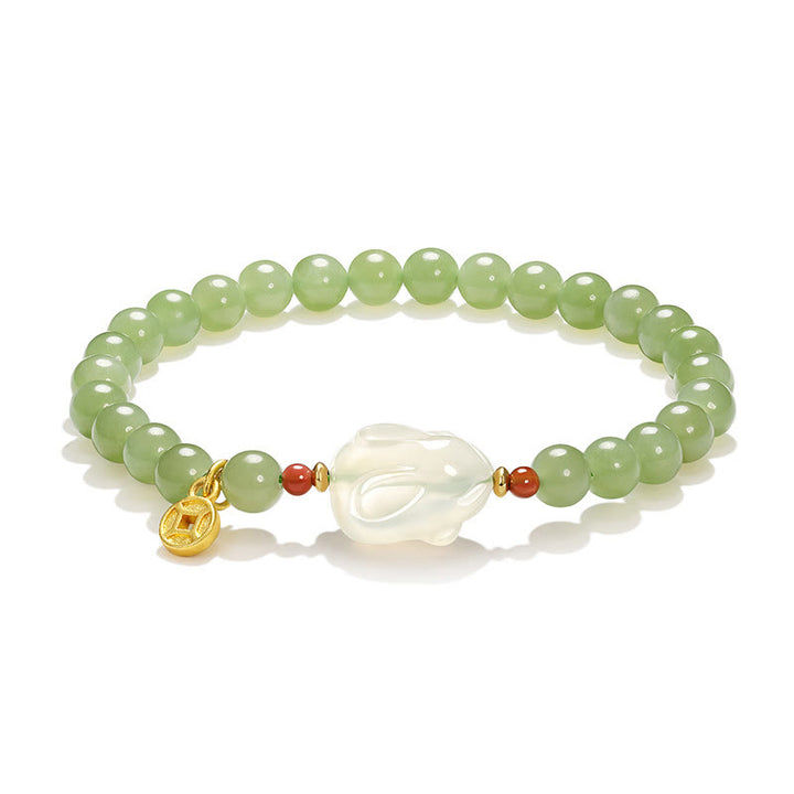 Braccialetto portafortuna con moneta di rame e coniglio in giada naturale di Hetian, agata e pietre Buddha Stones