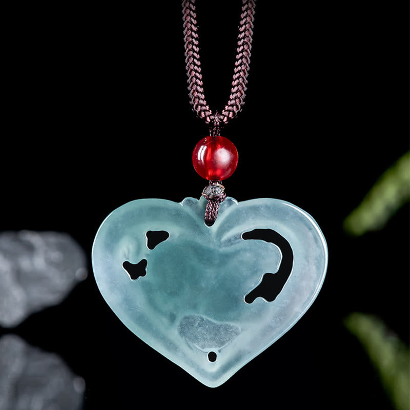 Buddha Stones Collana con ciondolo a forma di cuore in giada naturale con coniglio e portafortuna