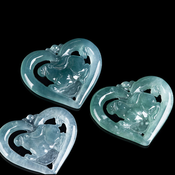 Buddha Stones Collana con ciondolo a forma di cuore in giada naturale con coniglio e portafortuna