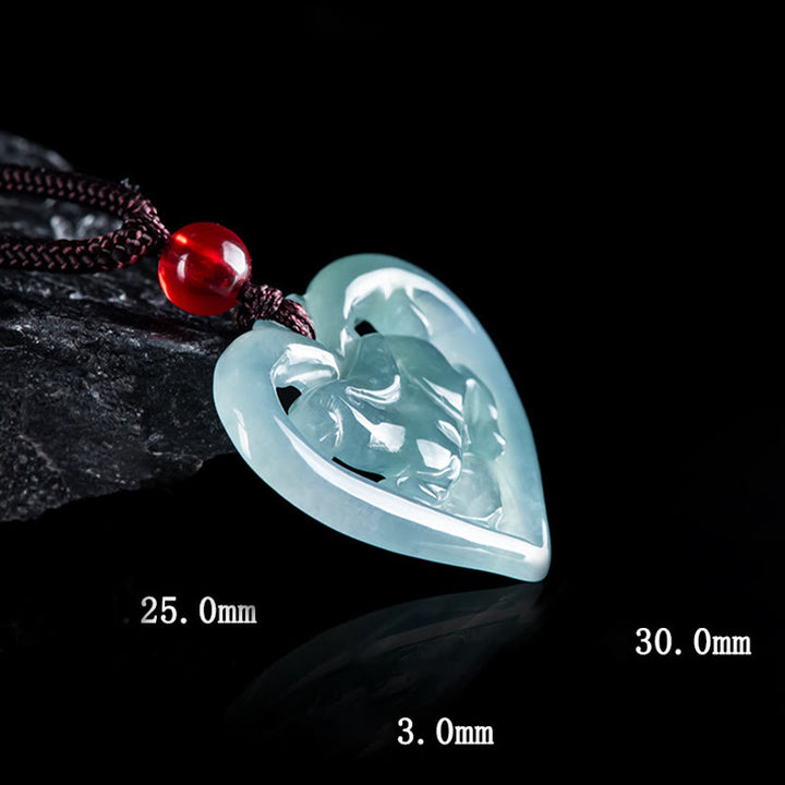 Buddha Stones Collana con ciondolo a forma di cuore in giada naturale con coniglio e portafortuna