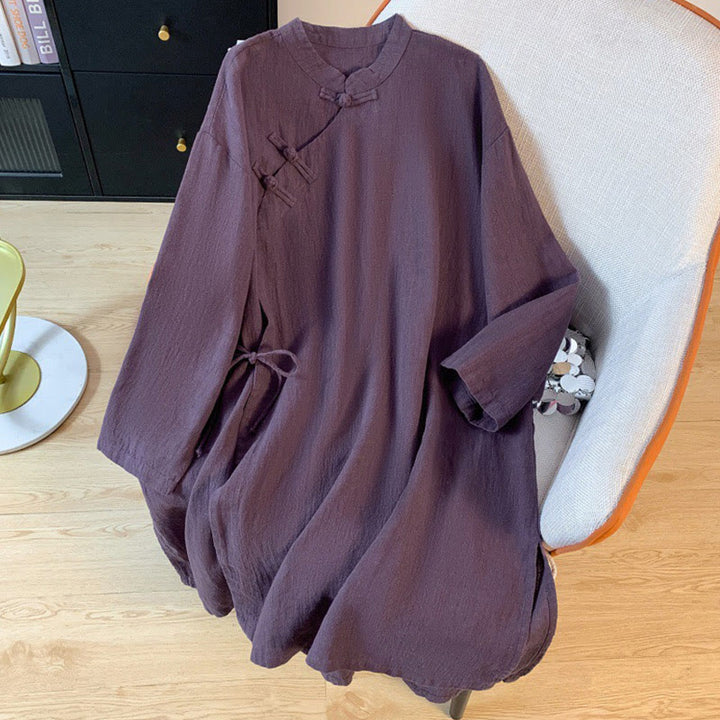 Camicia casual da donna in cotone e lino, a maniche lunghe, con colletto rialzato, abbottonatura a rana, modello Buddha Stones - Viola - US8-10, UK/AU12-14, EU40-42 (2XL) - image 1