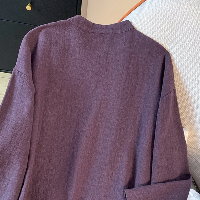 Camicia casual da donna in cotone e lino, a maniche lunghe, con colletto rialzato, abbottonatura a rana, modello Buddha Stones - image 7